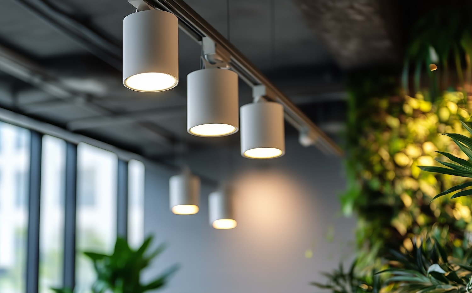Modern Indoor Decor Featuring Pendant Lights and Greenery in a Vibrant Environment