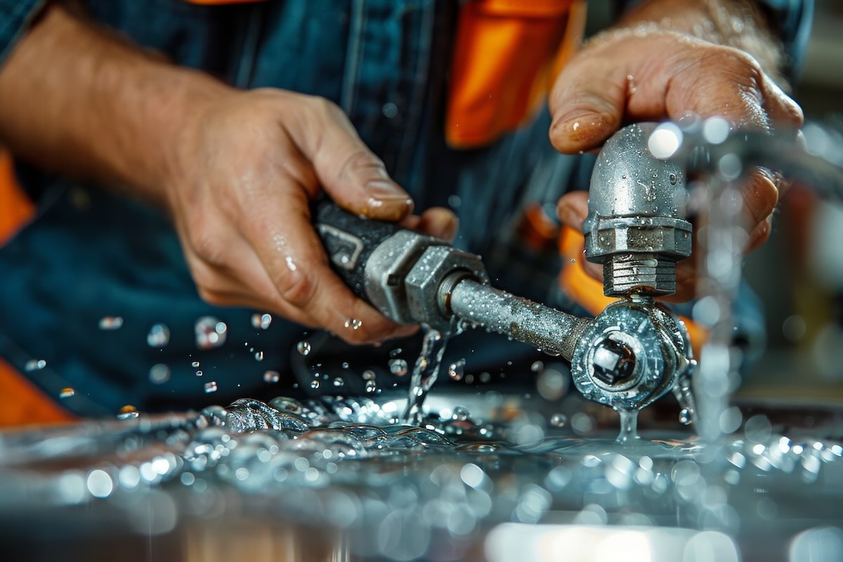 Close Up Of A Plumbers Hand Tightening A Leaky Pipe